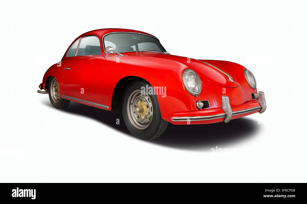 Automobile sportiva classica rossa vintage Porsche 356A, vista tre quarti anteriore della coupé di lusso retrò degli anni '50 isolata su sfondo bianco Foto Stock