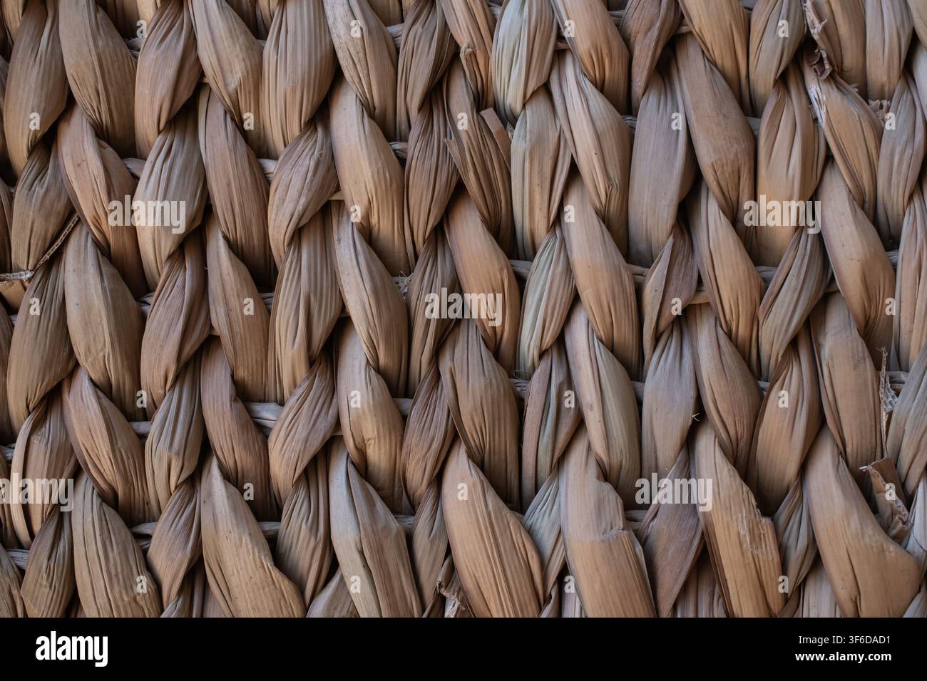 Primo piano di foglie di palma essiccate tessute con un motivo intrecciato ripetitivo, che mostra materiale naturale, texture rustica e artigianato tradizionale fatto a mano. Foto Stock