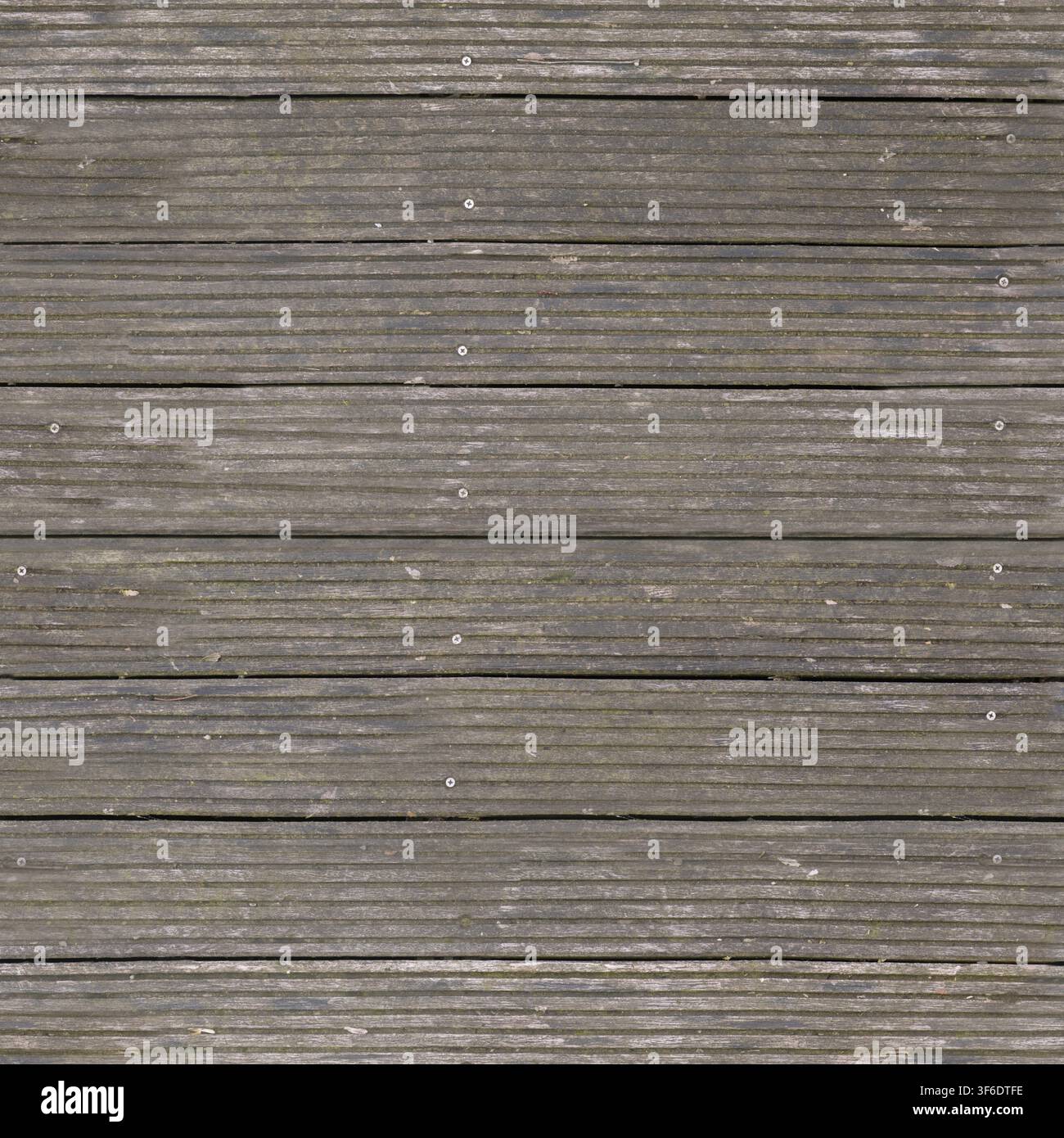 Pannelle di legno per terrazze scanalate orizzontalmente fissate con viti che formano una superficie strutturata. Foto Stock