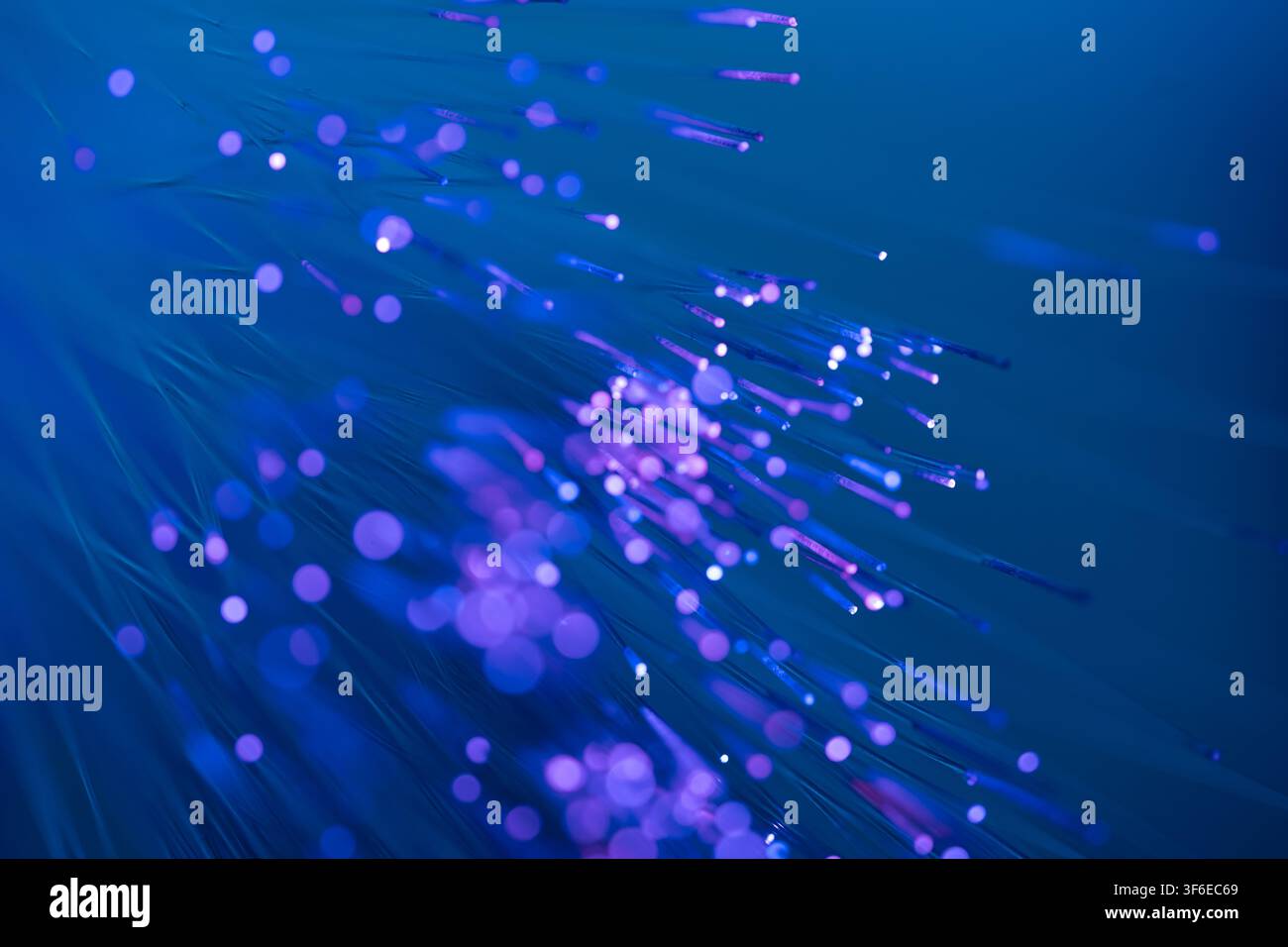 Sfondo astratto di tecnologia a fibre ottiche con scie di luce viola brillanti e particelle bokeh che fluiscono su un campo blu profondo, rappresentante il digitale Foto Stock