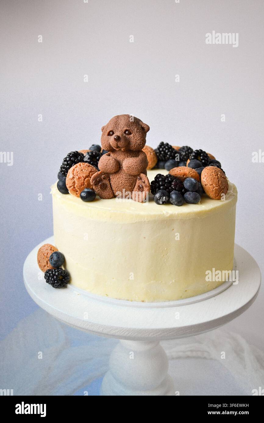 Torta di compleanno per bambini decorata con un simpatico orso di cioccolato, bacche e biscotti Foto Stock
