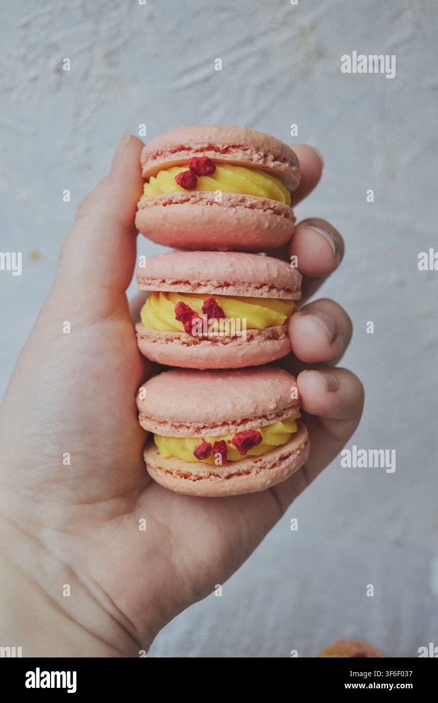 Donna che tiene in mano una pila di tre macaron francesi rosa con crema al limone gialla Foto Stock