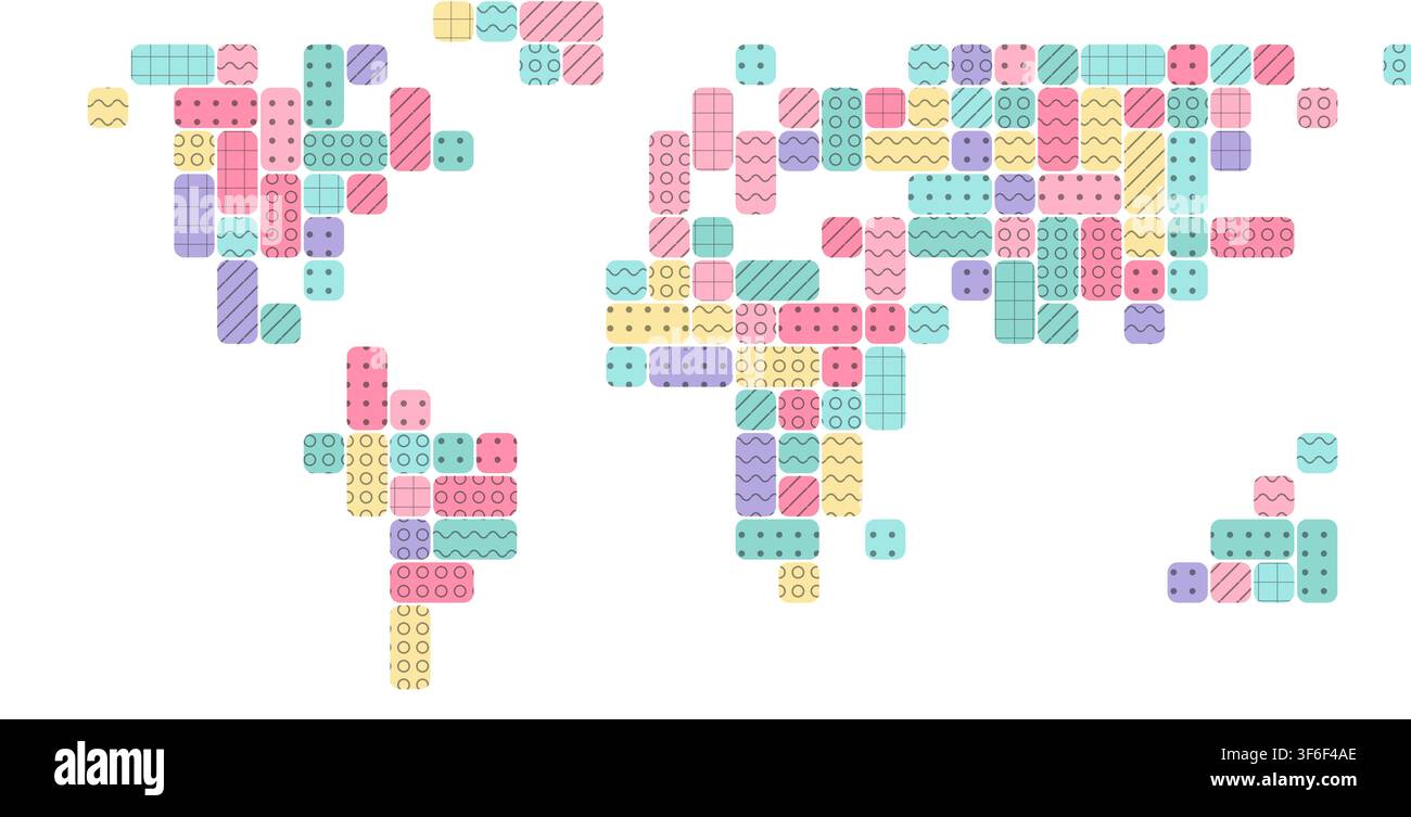 Mappa del mondo in mosaico di blocchi pixel audaci color zucchero filato in tonalità rosa morbide, disposti in un motivo geometrico a griglia per stampa di poster per decorazione murale e arredamento domestico Illustrazione Vettoriale