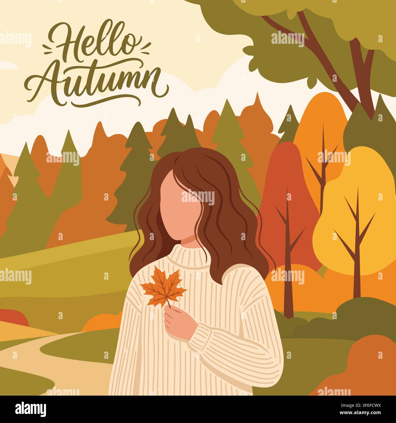 Donna che tiene una foglia d'acero nel parco autunnale. Illustrazione per biglietto di auguri stagionale con il testo "Ciao Autunno". Concetto di paesaggio autunnale con scenario boschivo Illustrazione Vettoriale