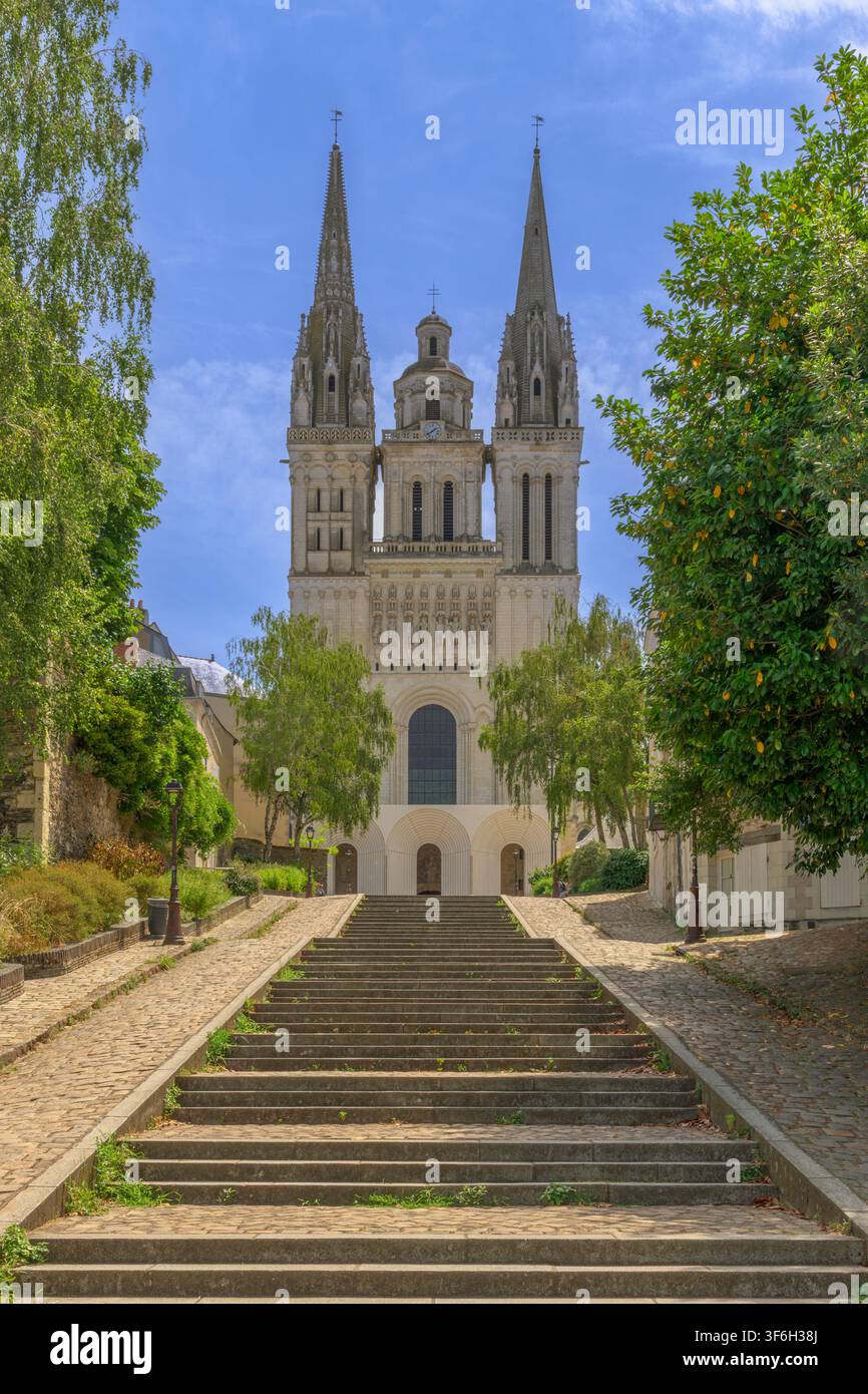 Fuori dalla Cattedrale di Angers (Cathédrale Saint-Maurice d'Angers), con una grande scalinata – Montée Saint-Maurice – che si aggiunge all'edificio. Foto Stock