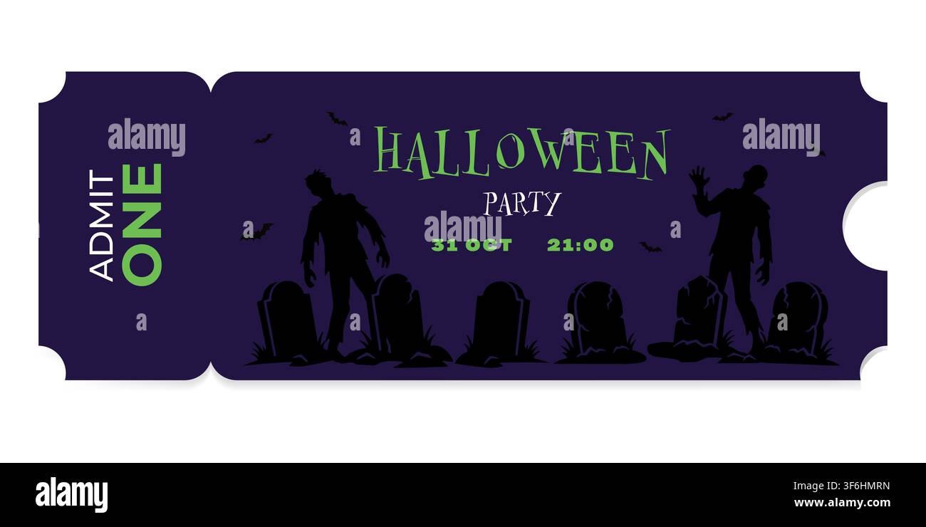 Biglietto per festa di Halloween con silhouette di uno zombie nel cimitero. Design creativo per biglietto d'invito per la celebrazione di ottobre. Accesso per una persona. Illustrazione Vettoriale