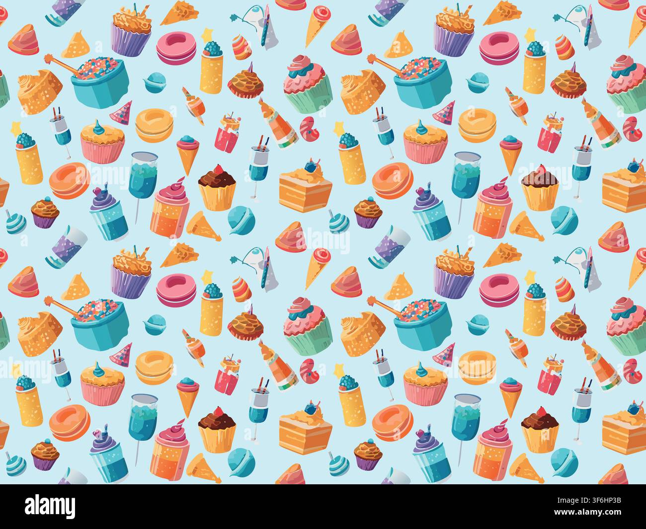 Modello senza cuciture di dolciumi in stile cartone animato. Cupcakes, croissant, ciambelle, caramelle, lecca-lecca e altri dolci Illustrazione Vettoriale