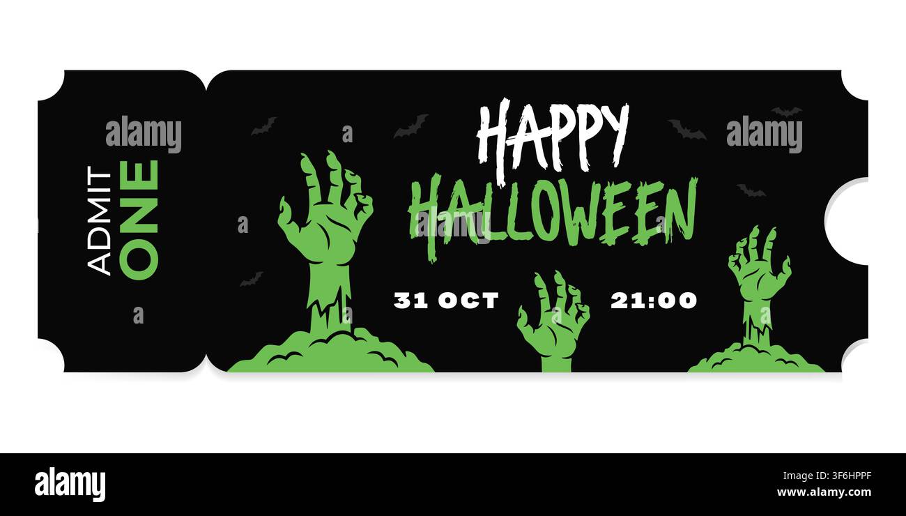 Biglietto d'ingresso per una festa di Halloween con mano zombie verde che fuoriesce dalla tomba. Biglietto d'invito decorativo per l'evento del 31 ottobre. Design grafico spaventoso Illustrazione Vettoriale