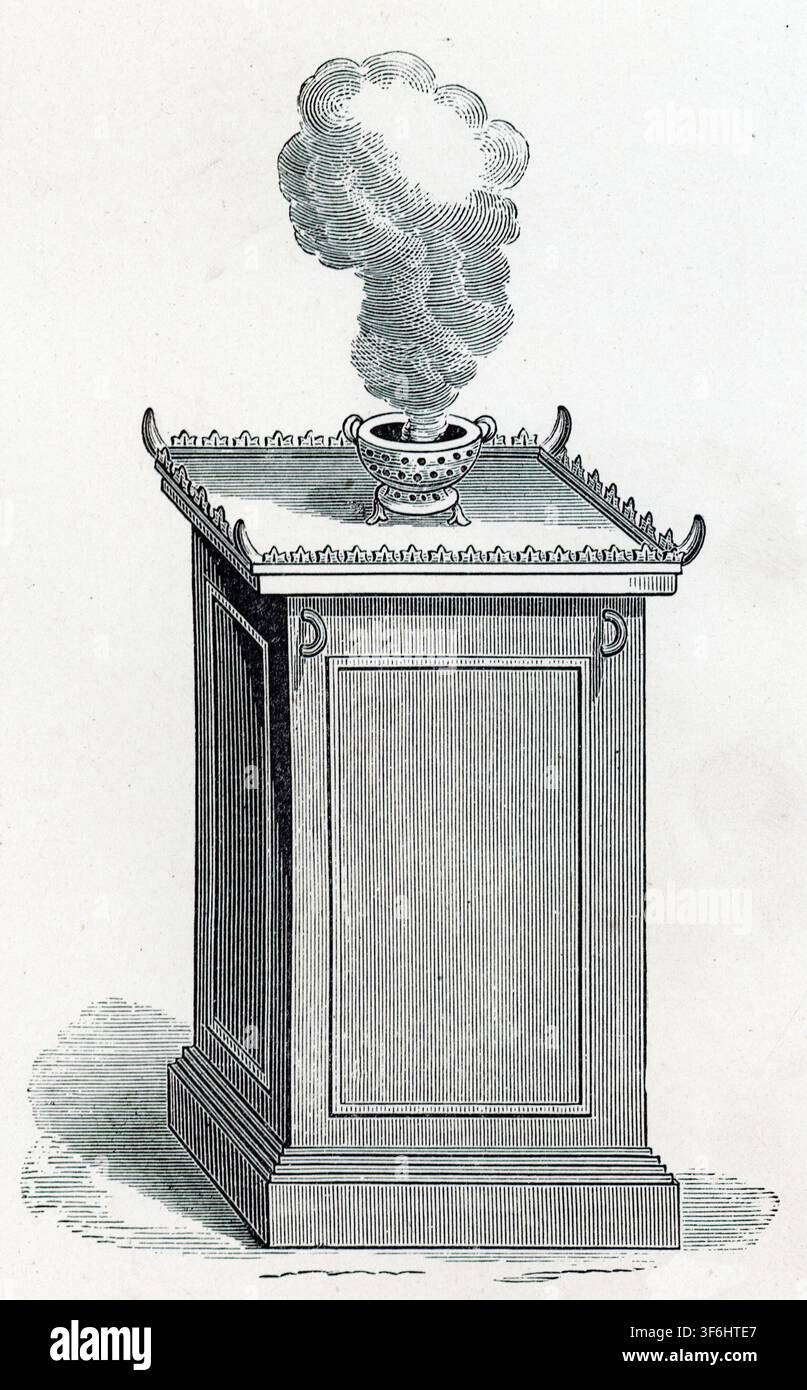 Altare dell’incenso. Levitico. xvi. 13. Dalla Bibbia familiare nazionale illustrata con i commenti di Scott e Henry. A cura di Rev. John Eadie D.D.L.L.D., professore di letteratura biblica alla Chiesa presbiteriana unita, pubblicato intorno al 1890. Foto Stock