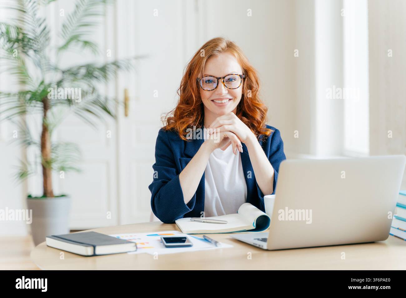 Donna d'affari dai capelli rossi con occhiali sorride davanti a un laptop a una scrivania luminosa in ufficio Foto Stock