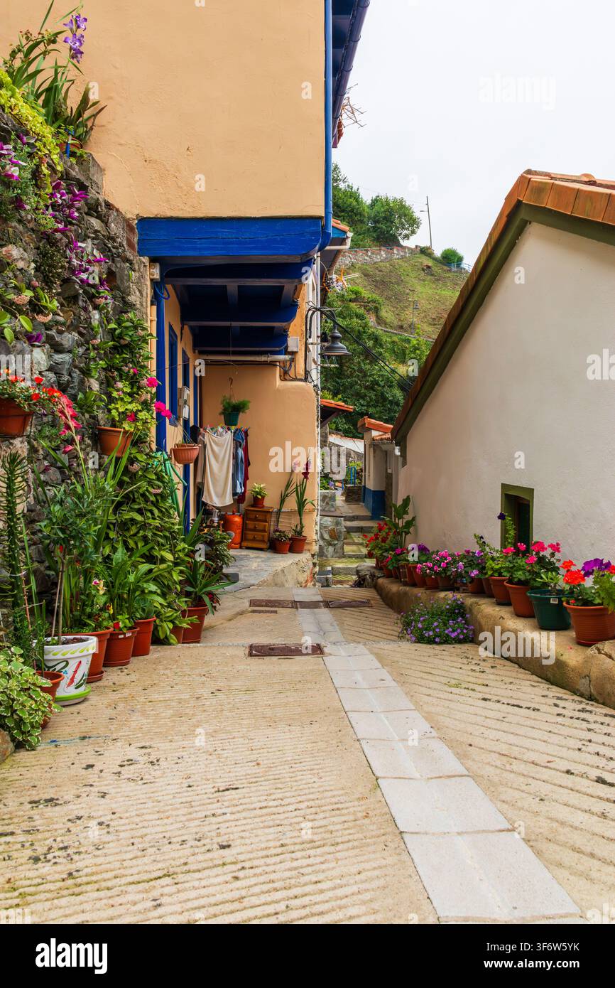 Vicolo ripido e stretto in un piccolo villaggio incorniciato da un muro di pietra e case pastello con balconi in legno blu, piante in vaso abbondanti e fiori lungo il sentiero Foto Stock