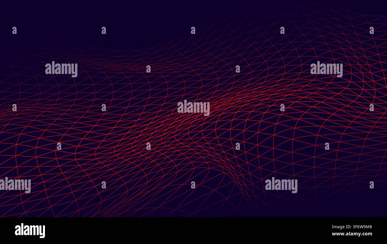 Sfondo astratto elegante di cybersecurity e big data con linee di rete rosse luminose che formano onde dinamiche su una superficie blu scuro per modelli di macchine Illustrazione Vettoriale