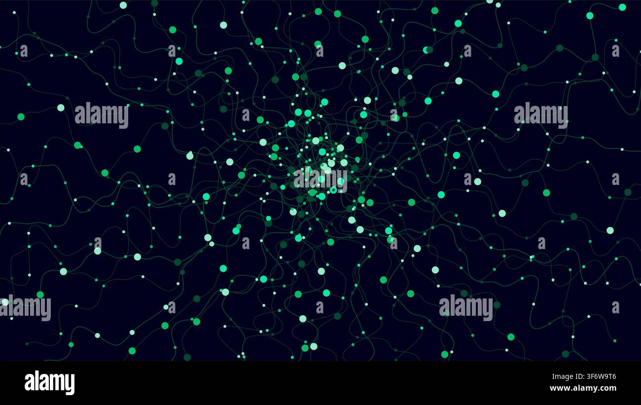 Sfondo di rete digitale astratto con nodi verdi luminosi e linee ondulate che si diffondono dal centro per la tecnologia, big data, sicurezza informatica, intelligenza artificiale Illustrazione Vettoriale