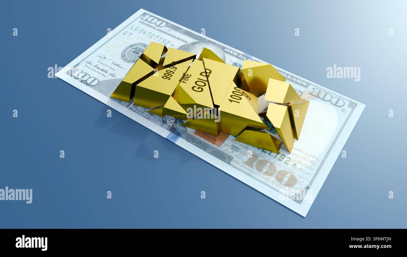 Una rappresentazione 3D di una barra d'oro su un biglietto da $100 USA. Una metafora per l'instabilità finanziaria, i crash del mercato delle materie prime e il cambiamento della fiducia Foto Stock