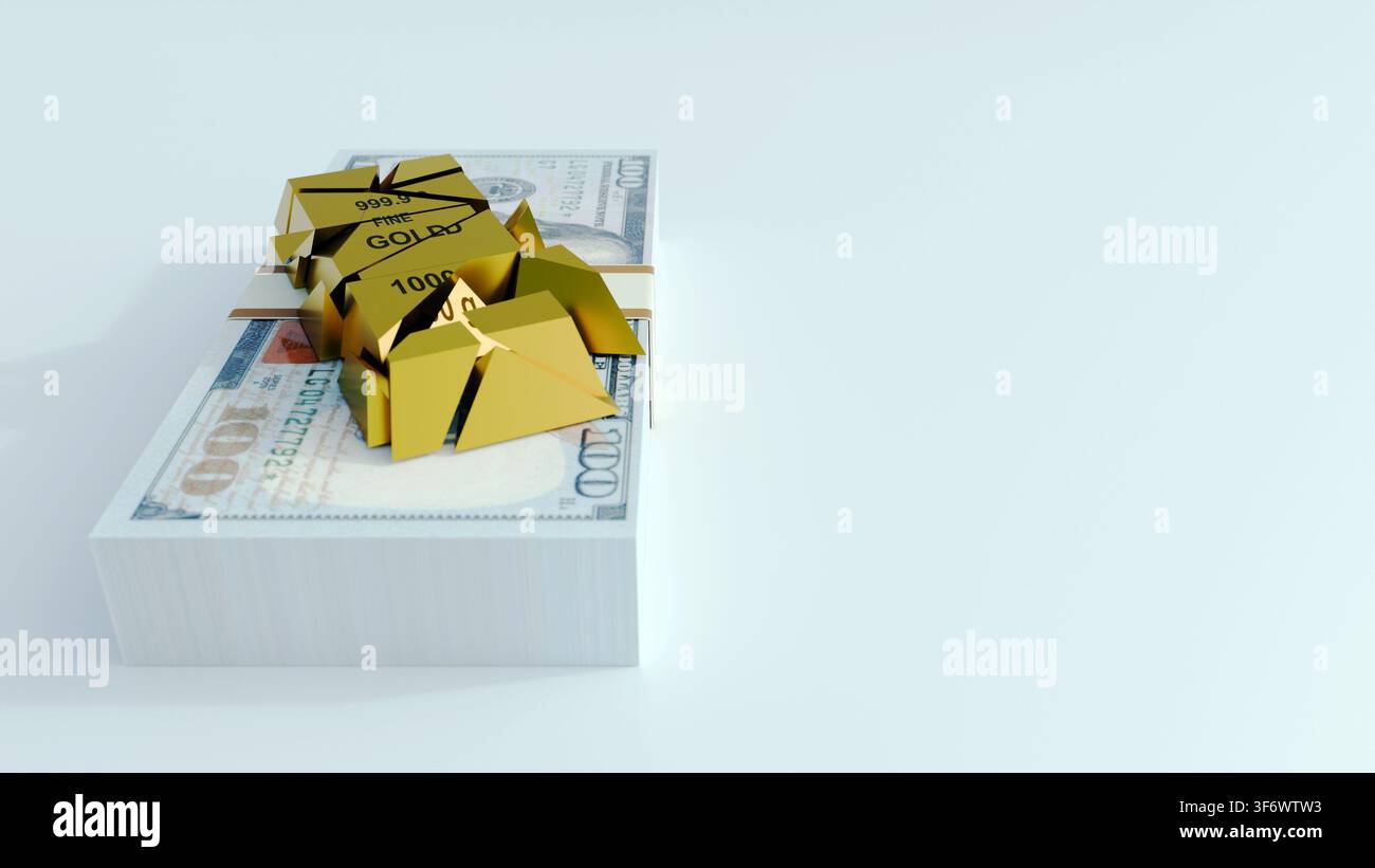 Una rappresentazione 3D di una barra d'oro su un biglietto da $100 USA. Una metafora per l'instabilità finanziaria, i crash del mercato delle materie prime e il cambiamento della fiducia Foto Stock