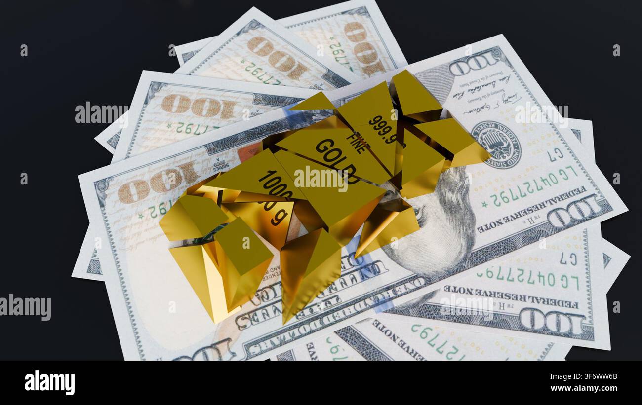 Una rappresentazione 3D di una barra d'oro su un biglietto da $100 USA. Una metafora per l'instabilità finanziaria, i crash del mercato delle materie prime e il cambiamento della fiducia Foto Stock