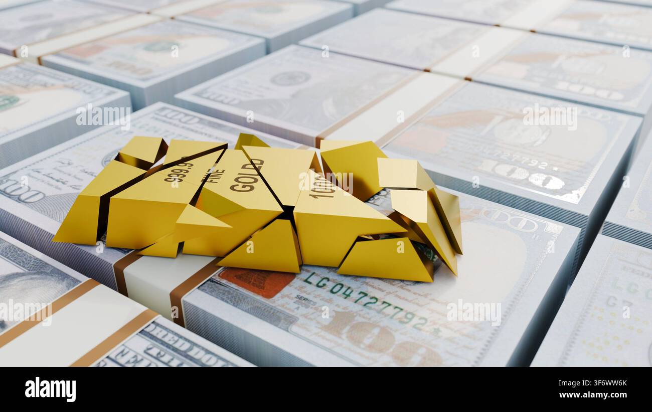 Una rappresentazione 3D di una barra d'oro su un biglietto da $100 USA. Una metafora per l'instabilità finanziaria, i crash del mercato delle materie prime e il cambiamento della fiducia Foto Stock