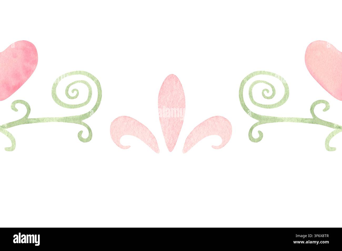 Bordo senza cuciture, scroll verde, cuori rosa, doodle. Illustrazione acquerellata dipinta a mano isolata su bianco per cartoleria, inviti, packaging Foto Stock