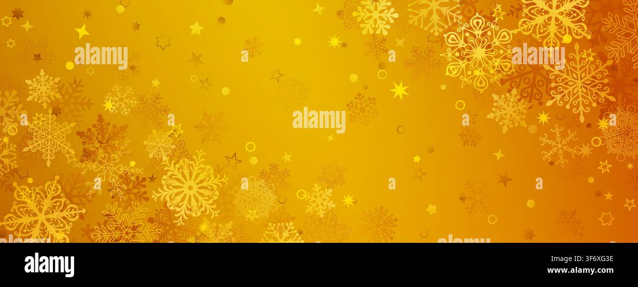 Sfondo natalizio caldo dorato e arancione con intricati elementi di fiocchi di neve e stelle che creano un'atmosfera festiva delle feste. Illustrazione Vettoriale