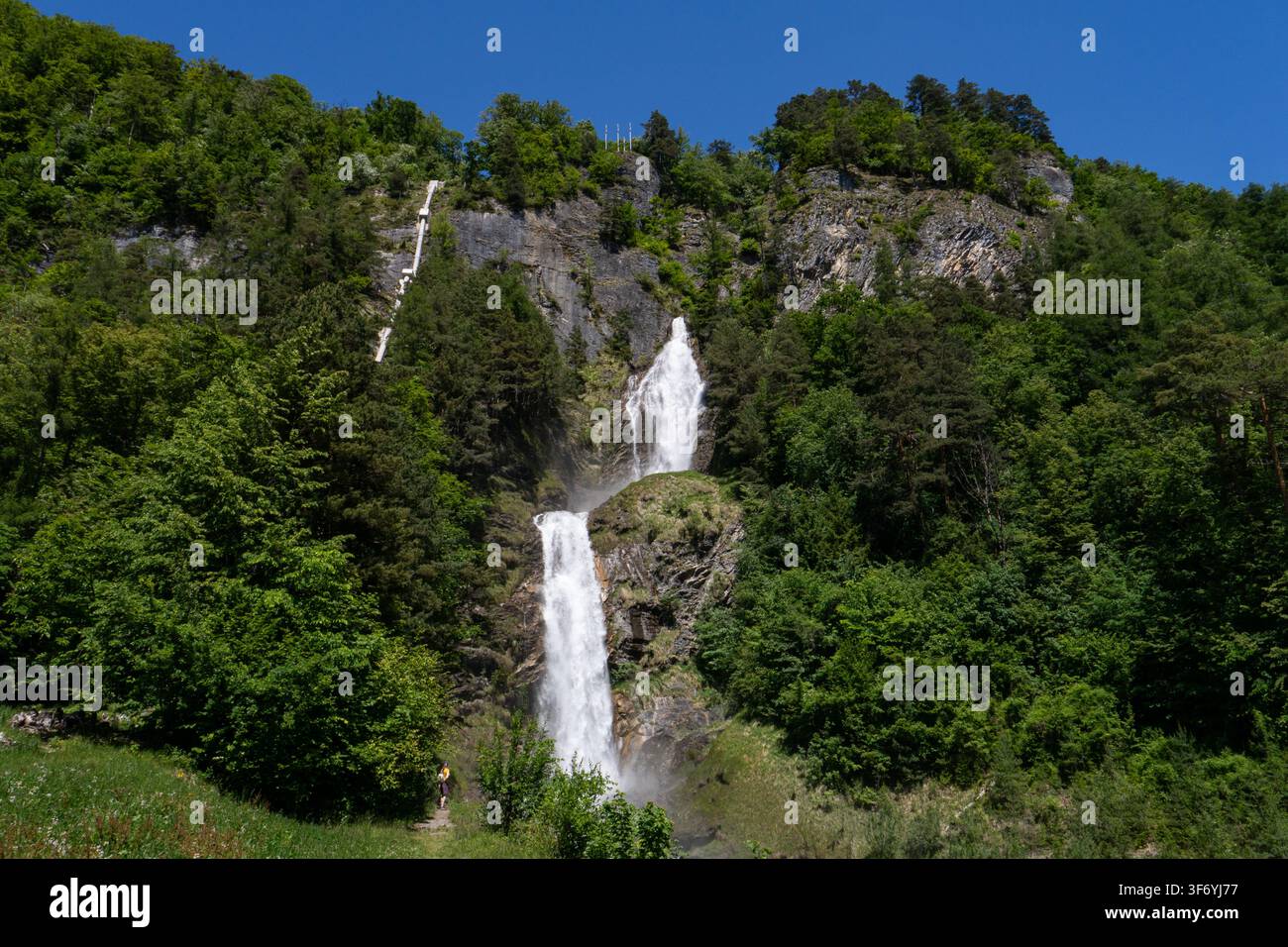 Meiringen, Svizzera, 23 maggio 2026. Vista drammatica delle potenti cascate del Reichenbach che si riversano su ripide pareti rocciose boscose nell’Oberland bernese Foto Stock