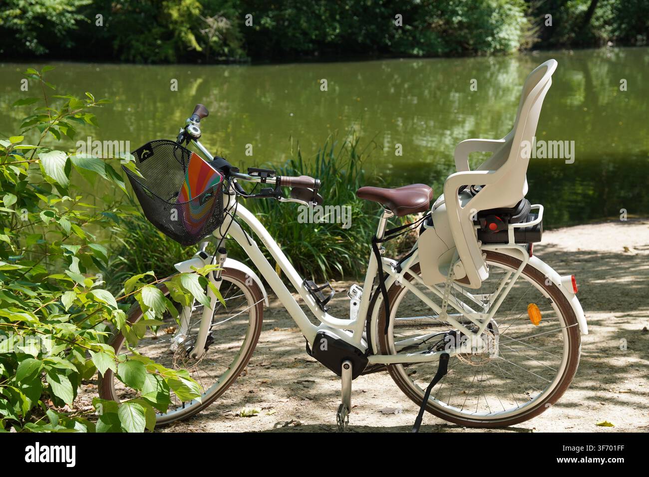 Una moderna bicicletta da città bianca dotata di un cestino anteriore a rete e di un portabagagli posteriore per bambini, parcheggiata all'ombra lungo un sentiero sul lago Foto Stock