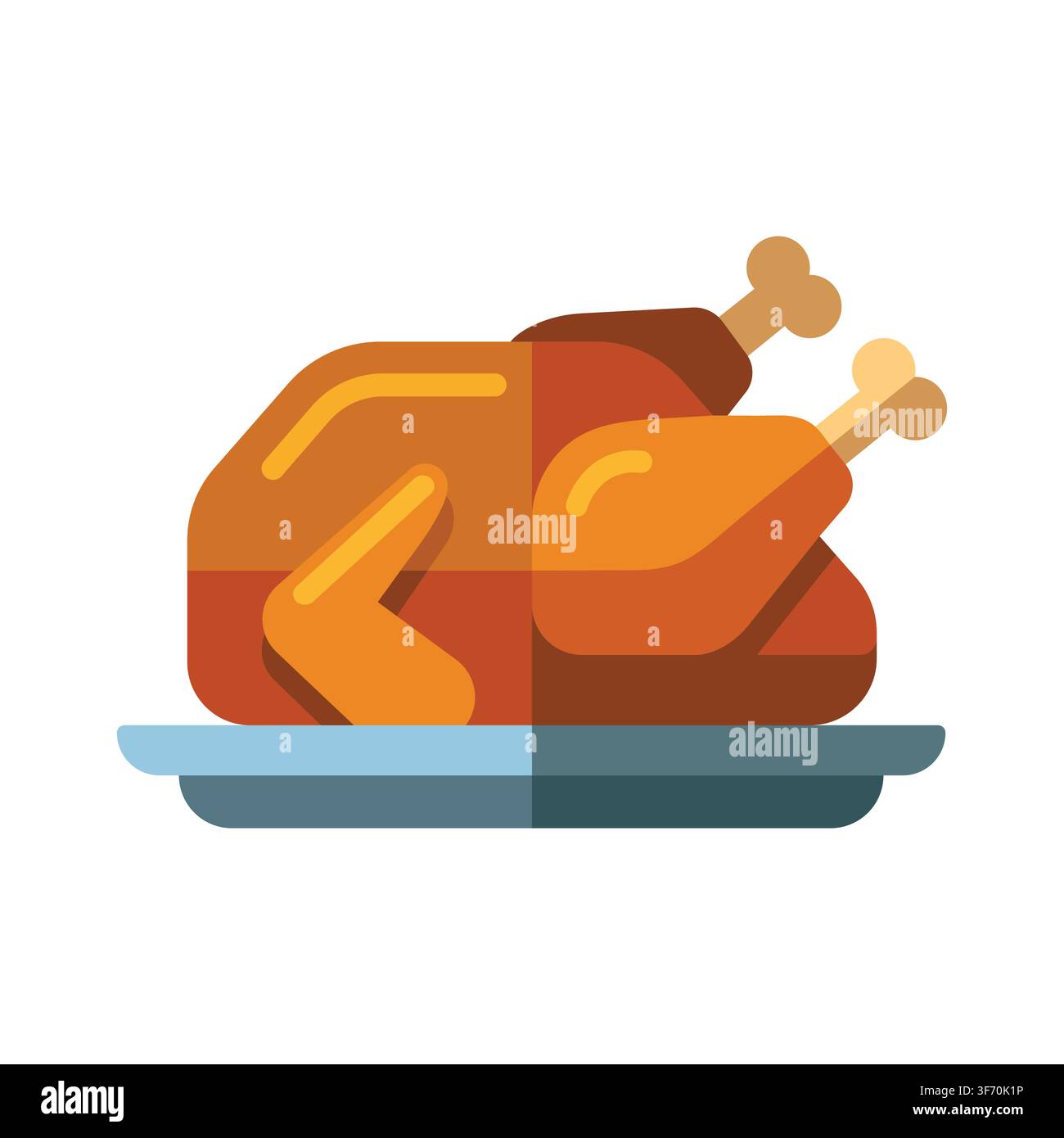 Illustrazione vettoriale piatta di un pollo o tacchino intero arrosto su un piatto da portata per la cena delle feste su sfondo bianco isolato Illustrazione Vettoriale