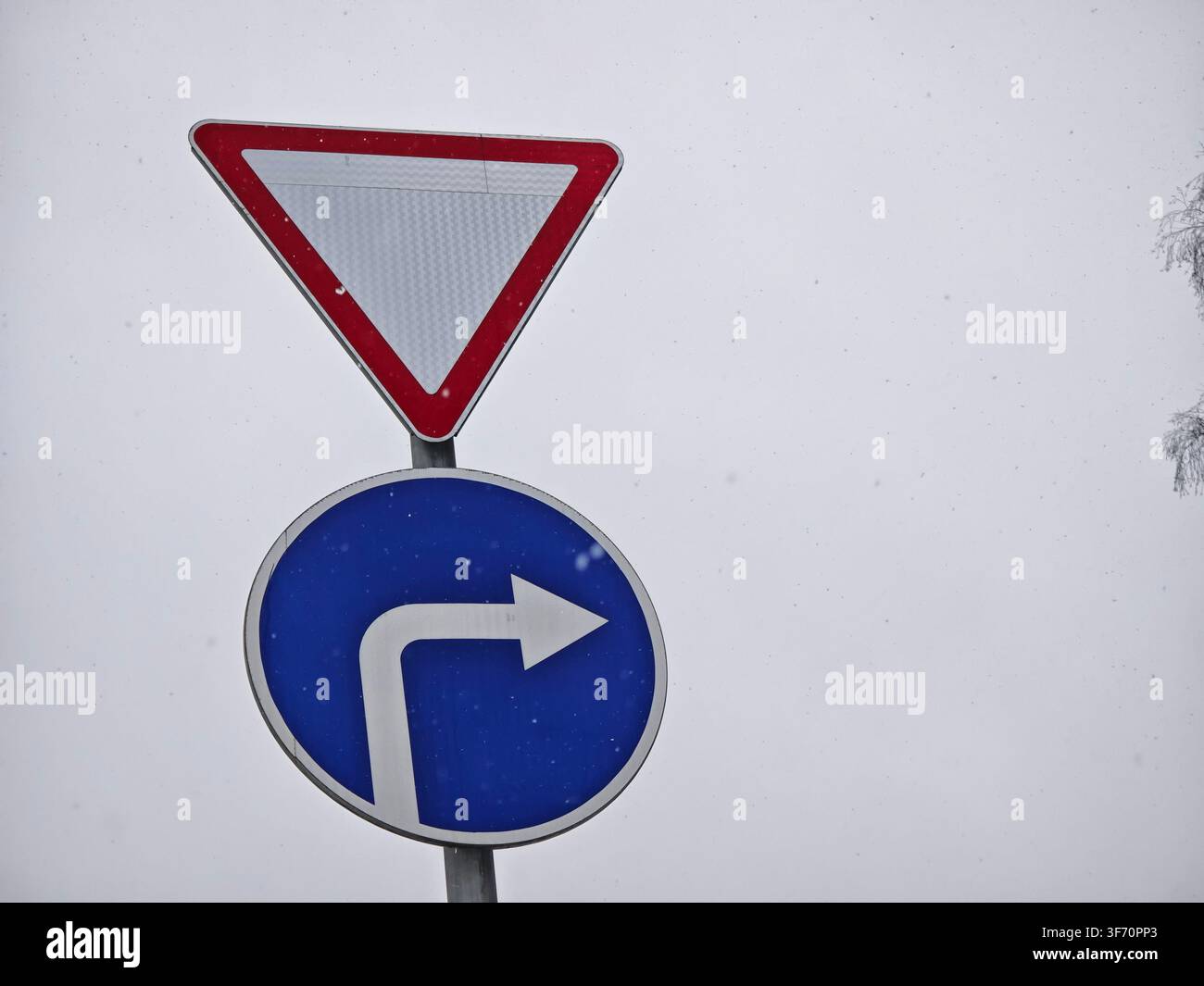 Il cartello mostra un segnale di cedimento sopra un cartello circolare con una freccia di svolta a destra mentre nella zona cade la neve. Foto Stock