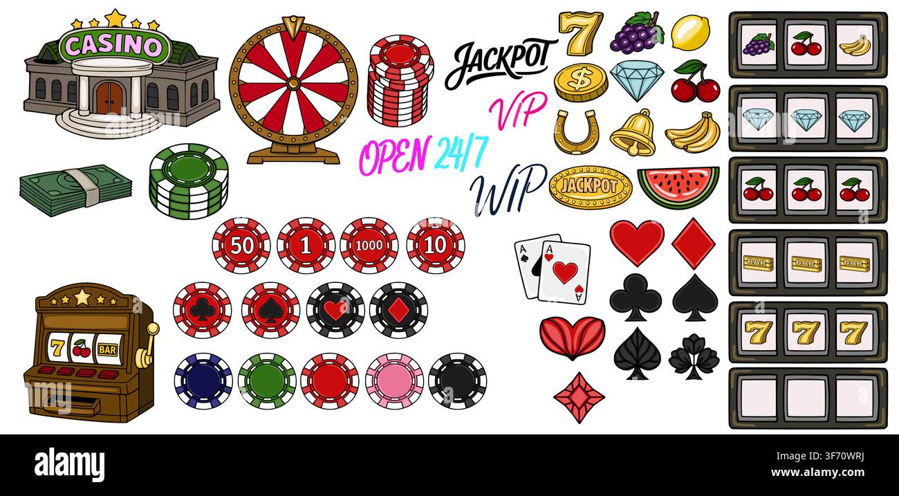Set vettoriale di casinò con slot machine, fiches di poker, carte da gioco e icone di gioco d'azzardo Illustrazione Vettoriale