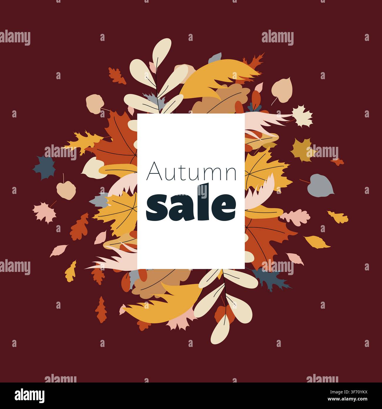 Modello o banner per social media per saldi autunnali con cornice bianca e fogliame autunnale su sfondo bordeaux scuro. Vettore promozionale stagionale moderno Illustrazione Vettoriale
