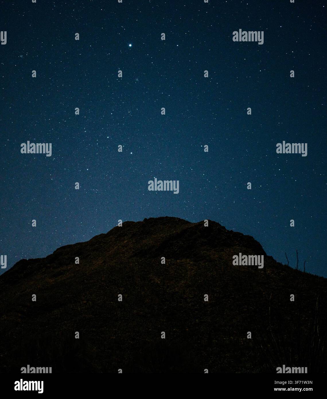 Un cielo notturno limpido pieno di stelle si estende sopra la silhouette scura di una cima montuosa desertica arrotondata. Foto Stock