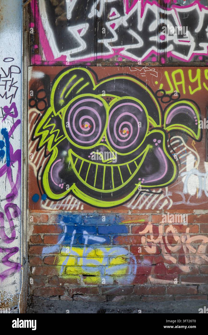 Graffiti con volto sorridente e occhi ipnotici pazzi nei quartieri di Konepaja del distretto di Vallila, Helsinki, Finlandia Foto Stock