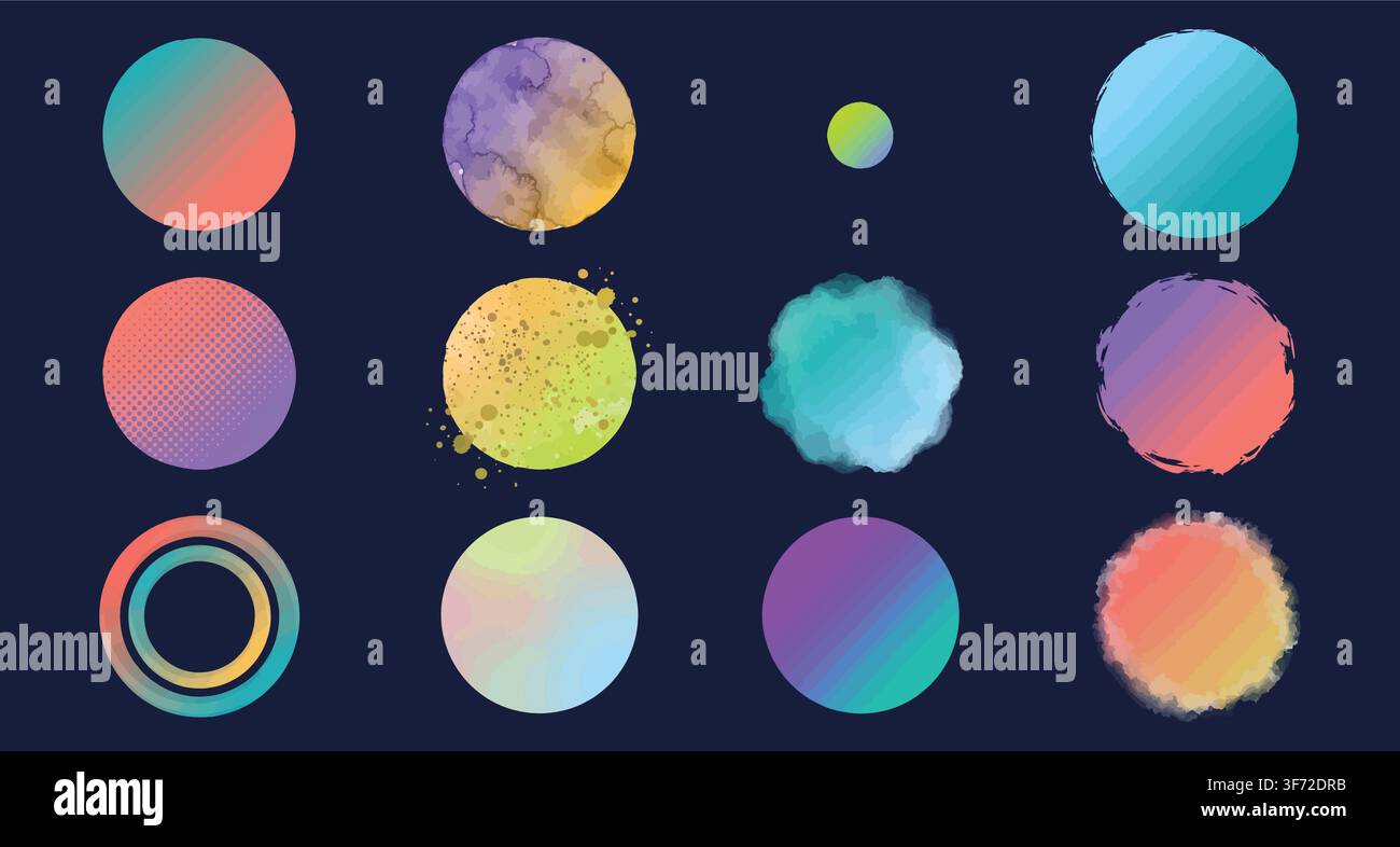 Cerchi gradienti colorati, macchie acquerellate, punti mezzotono e forme astratte set vettoriale su sfondo scuro. Illustrazione Vettoriale