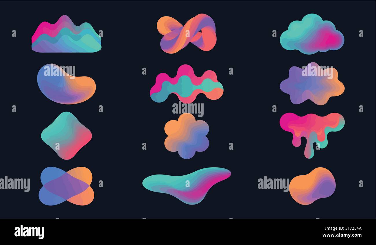 Forme vettoriali fluide, graduate e astratte colorate isolate su sfondo scuro. Illustrazione Vettoriale