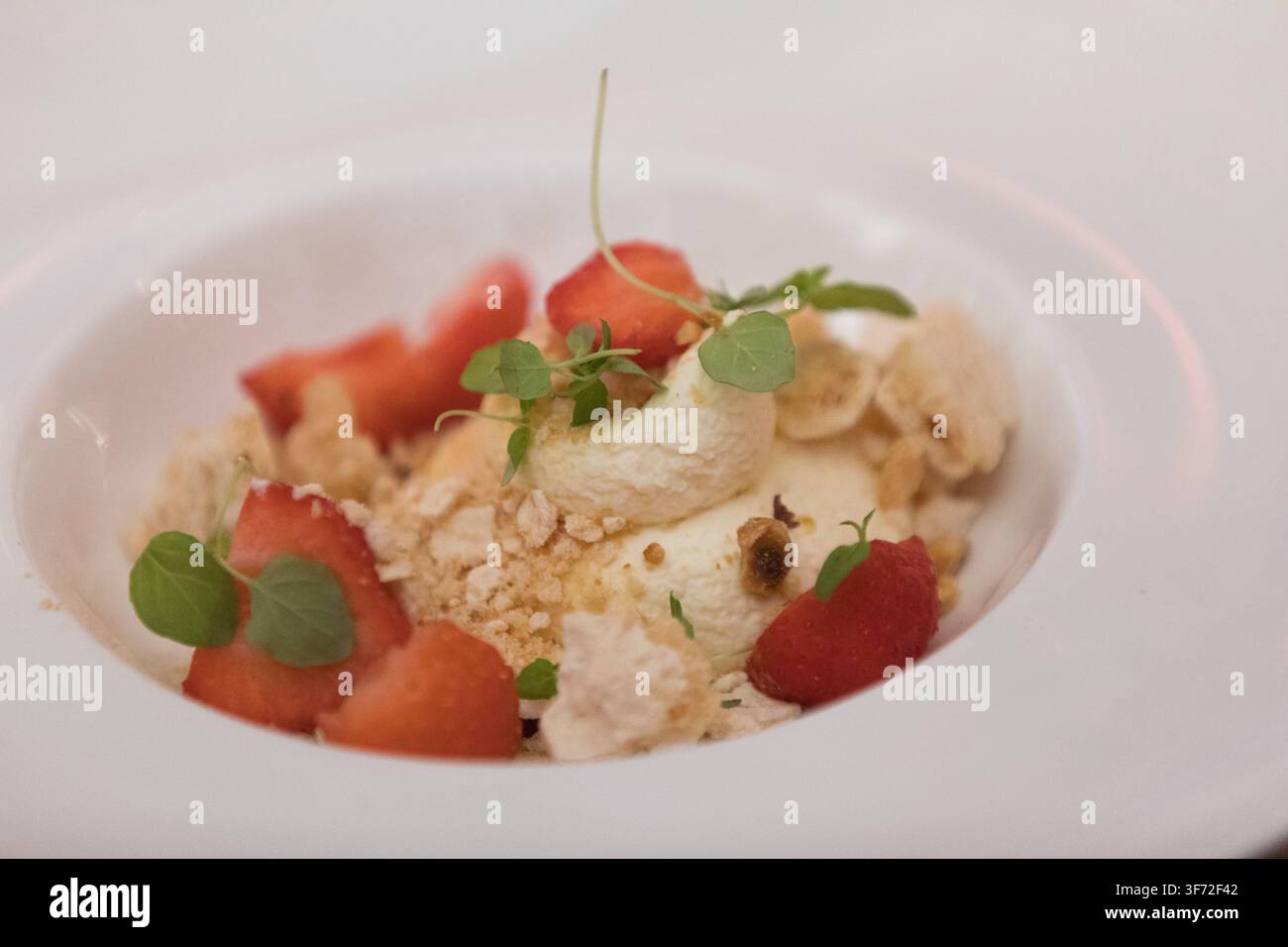 Un raffinato dessert di fragole e gelato servito in un ristorante di lusso a Parigi, perfetto per un'esperienza gourmet elegante. Foto Stock