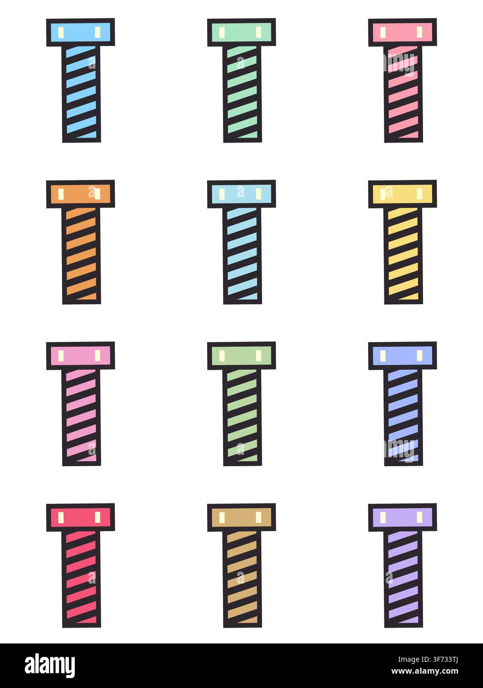 Simpatica collezione di 12 icone vettoriali di viti e bulloni pastello. Attrezzi da bricolage e hardware lucido minimalisti con contorni audaci in una palette colorata Illustrazione Vettoriale