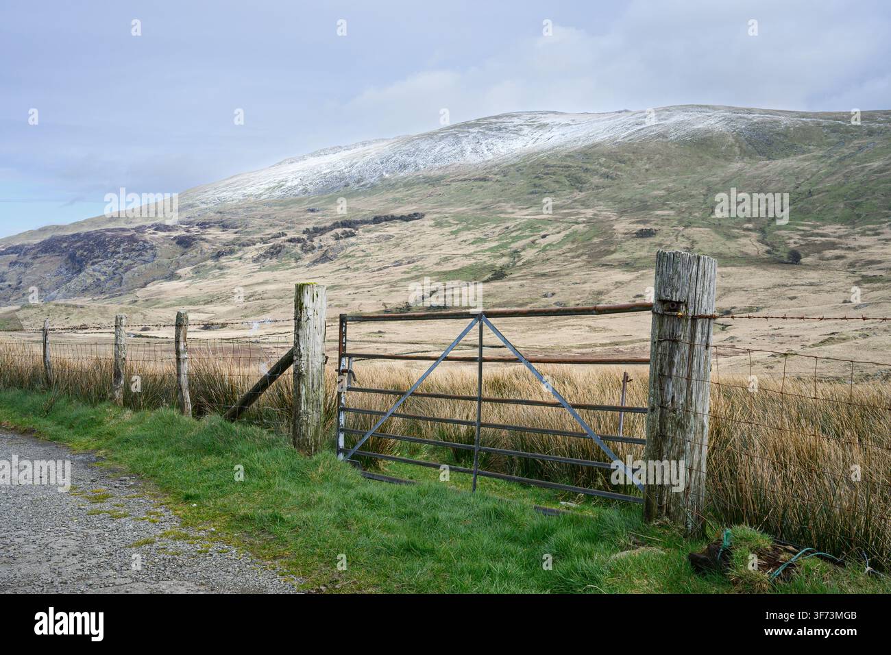 Cancello metallico di fattoria su pali di legno davanti a una montagna innevata e terreni agricoli selvaggi nel nord del Galles Foto Stock