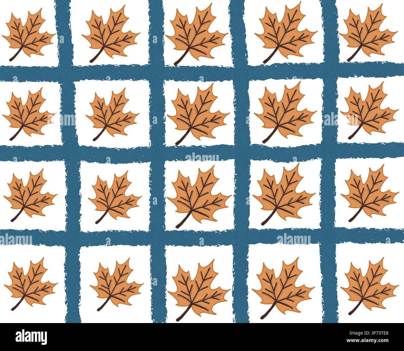 Un motivo a foglia d'acero disegnato a mano disposto in una griglia regolare densa su uno sfondo texture di carta strappata blu, adatto per cartoleria autunnale, imballaggi, ecc. Foto Stock
