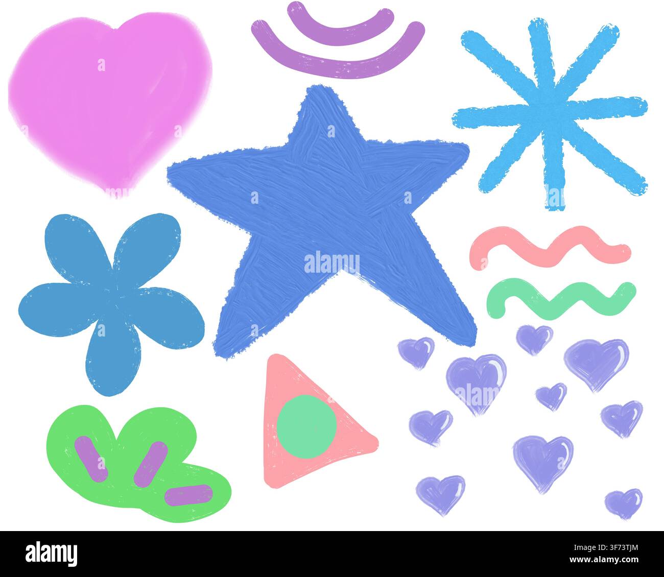 Un set giocoso di clipart di forme di scarabocchi disegnate a mano che includono un cuore, una stella, un fiore, nastri curvi, un triangolo e cuori sparsi. Foto Stock