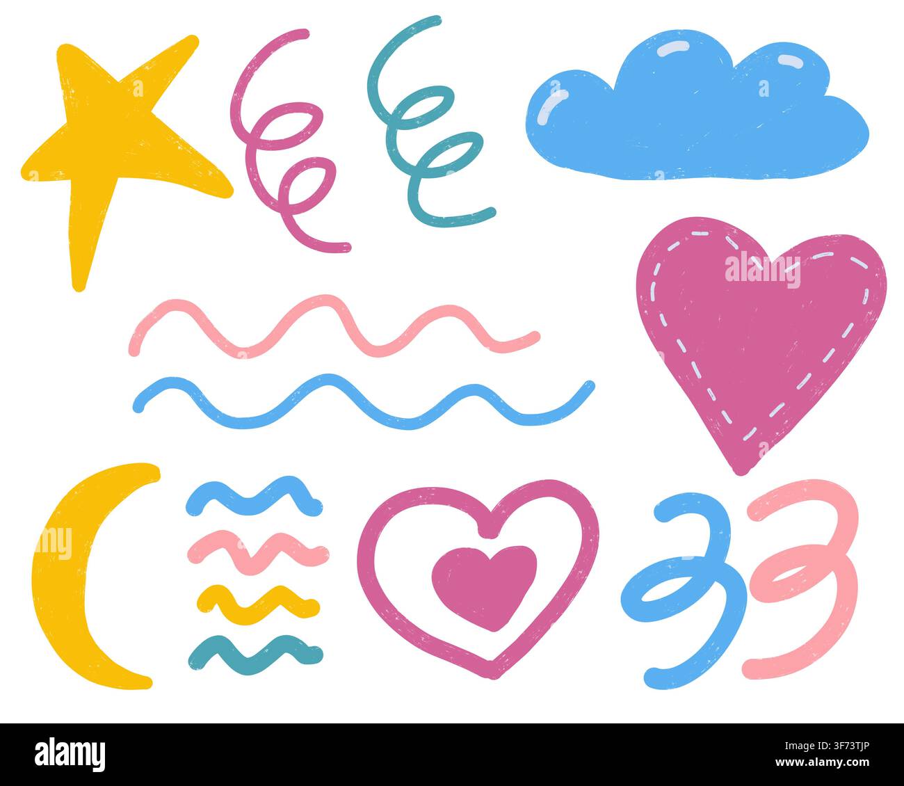 Un affascinante set di clipart con doodles pastello disegnati a mano che includono una stella, spirali di nastro, nuvola, cuore, linee ondulate, luna e cuore a strati, per la cameretta. Foto Stock