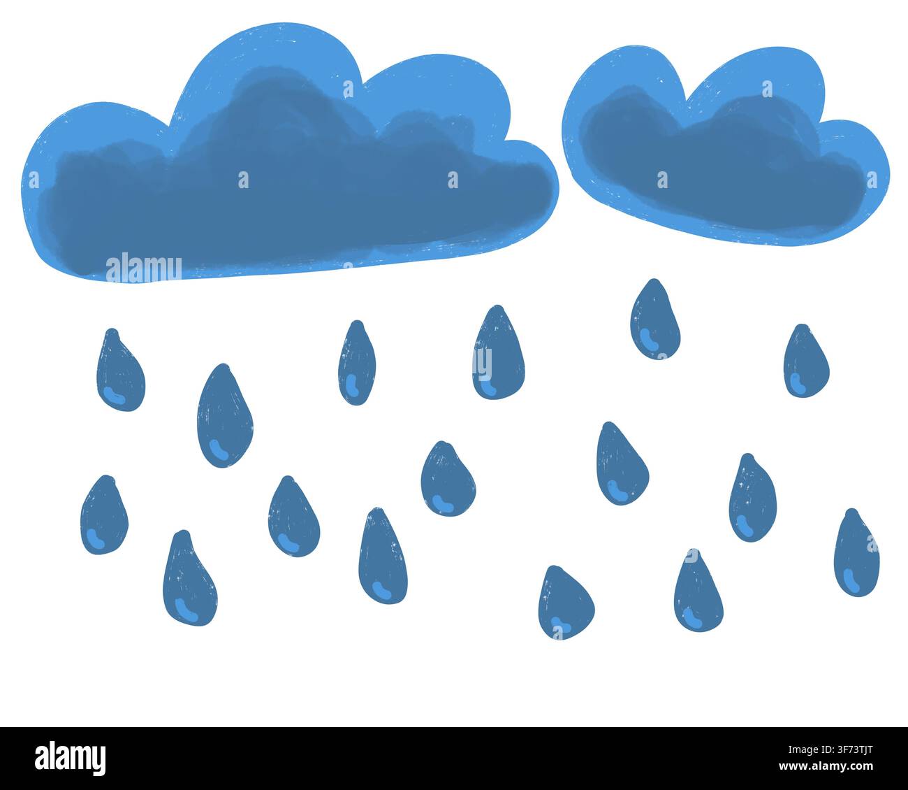 Un'illustrazione disegnata a mano di due nuvole di pioggia blu a strati con gocce di pioggia sparse che cadono in varie dimensioni e angolazioni, per un design a tema meteorologico. Foto Stock