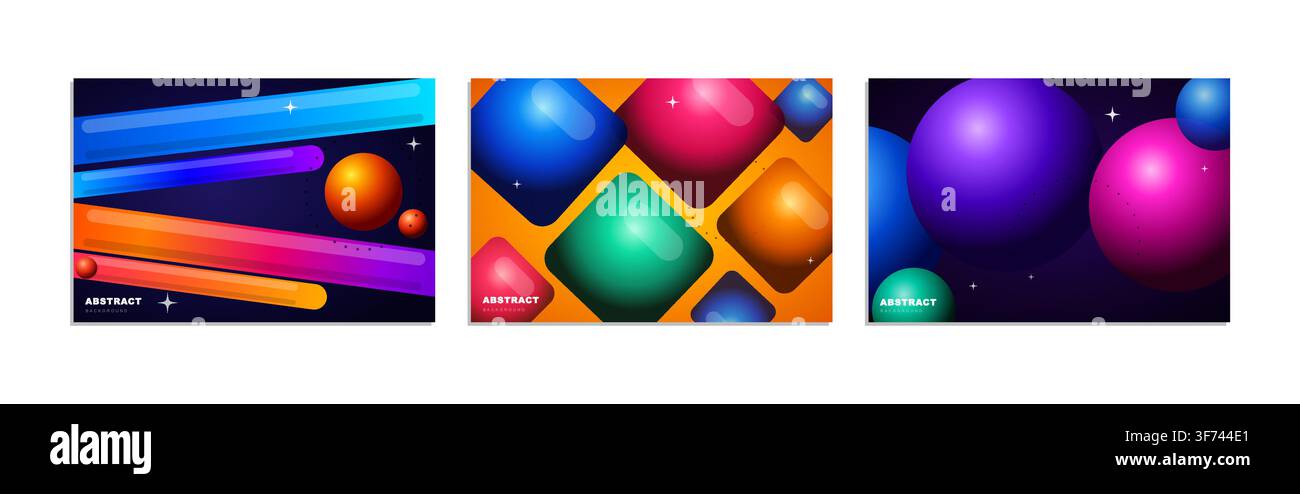 Set di sfondi astratti con forme 3D vivaci, sfumature colorate ed elementi luminosi per progetti di design digitale moderni Illustrazione Vettoriale