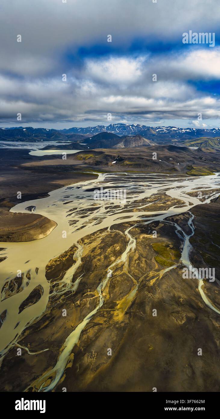 Prospettiva a droni di fiumi glaciali lattei con modelli di sedimenti intrecciati che scorrono attraverso un terreno vulcanico. Foto Stock