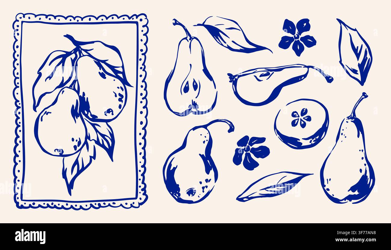 Set di elementi botanici e frutti di pera disegnati a mano in stile schizzo a linea blu inchiostro Illustrazione Vettoriale