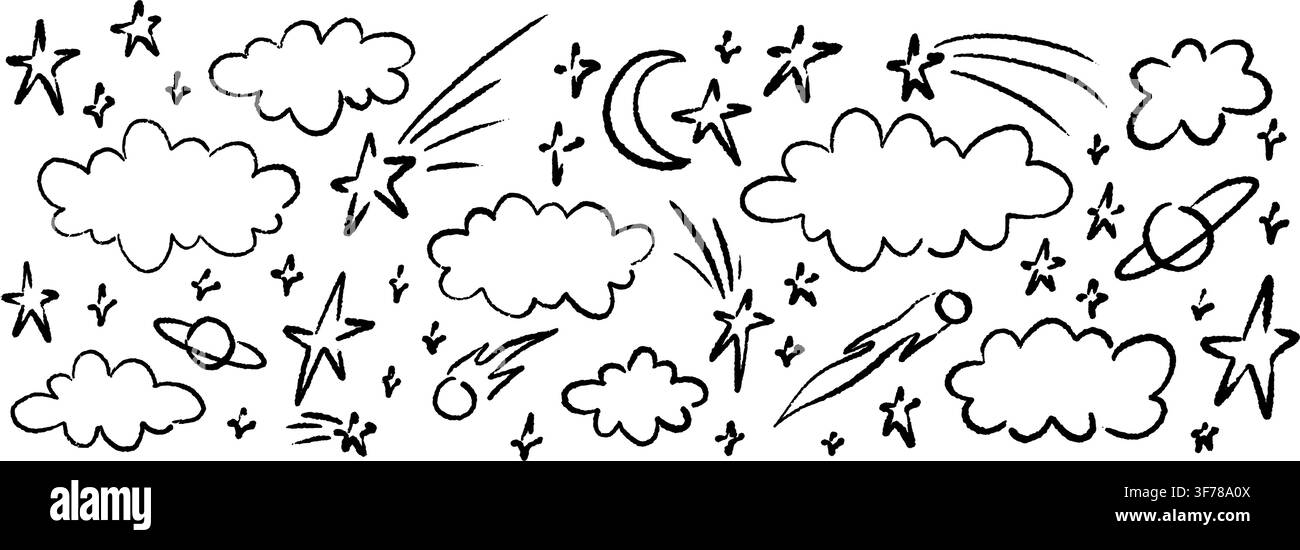 Sfondo spaziale per bambini disegnato a mano con linee carine a matita colorata. Nuvole soffici, disegno a matita di stelle cadenti. Illustrazione cosmica disegnata in modo infantile. Set Illustrazione Vettoriale