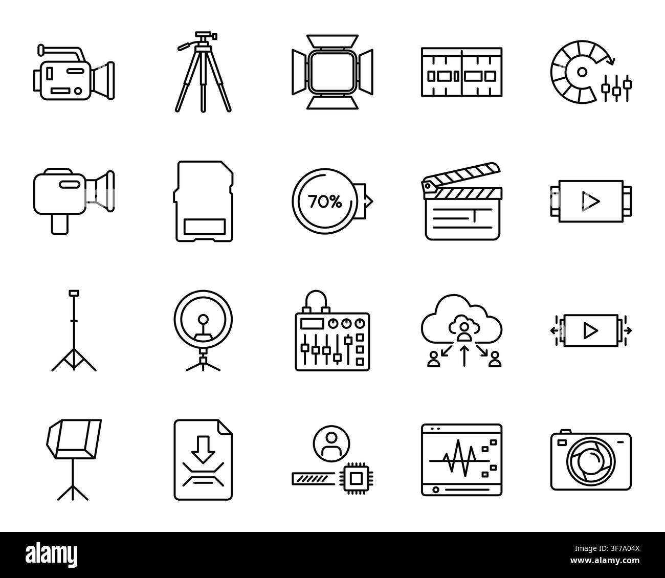 Set di icone lineari per l'editing di film di produzione video Cinema Studio Vector Illustrazione Vettoriale
