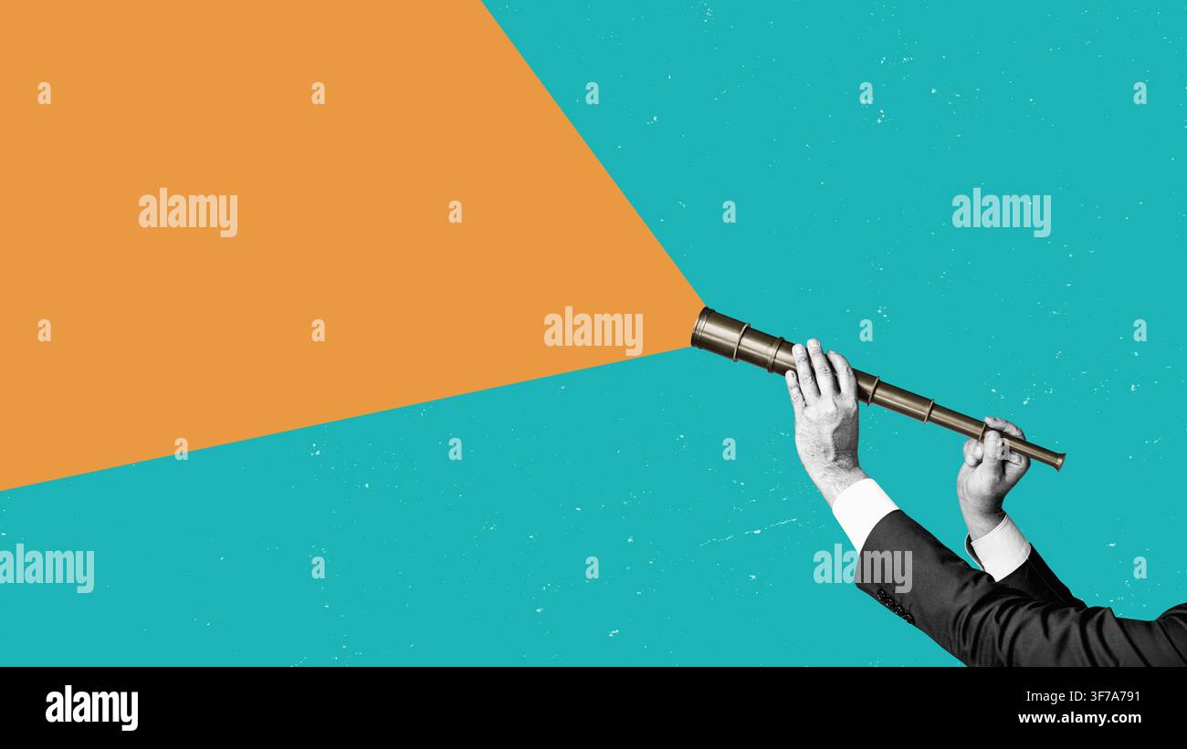 Mani in abiti da lavoro tengono un telescopio pirata, isolato su uno sfondo flat design. Analisi aziendale e pensiero strategico. Foto Stock