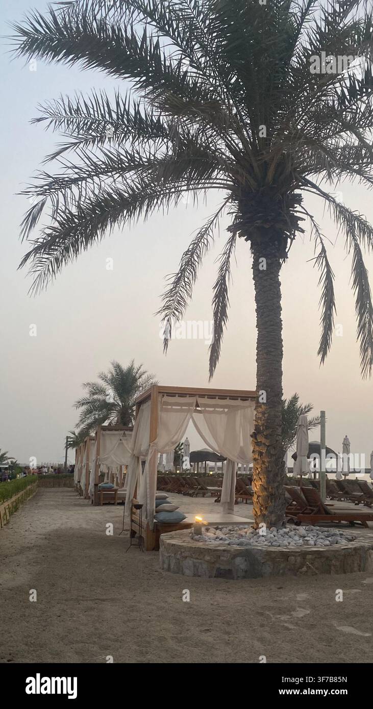 Resort tropicale sulla spiaggia con palme, cabine private, lettini e un tranquillo lungomare al crepuscolo. Foto Stock
