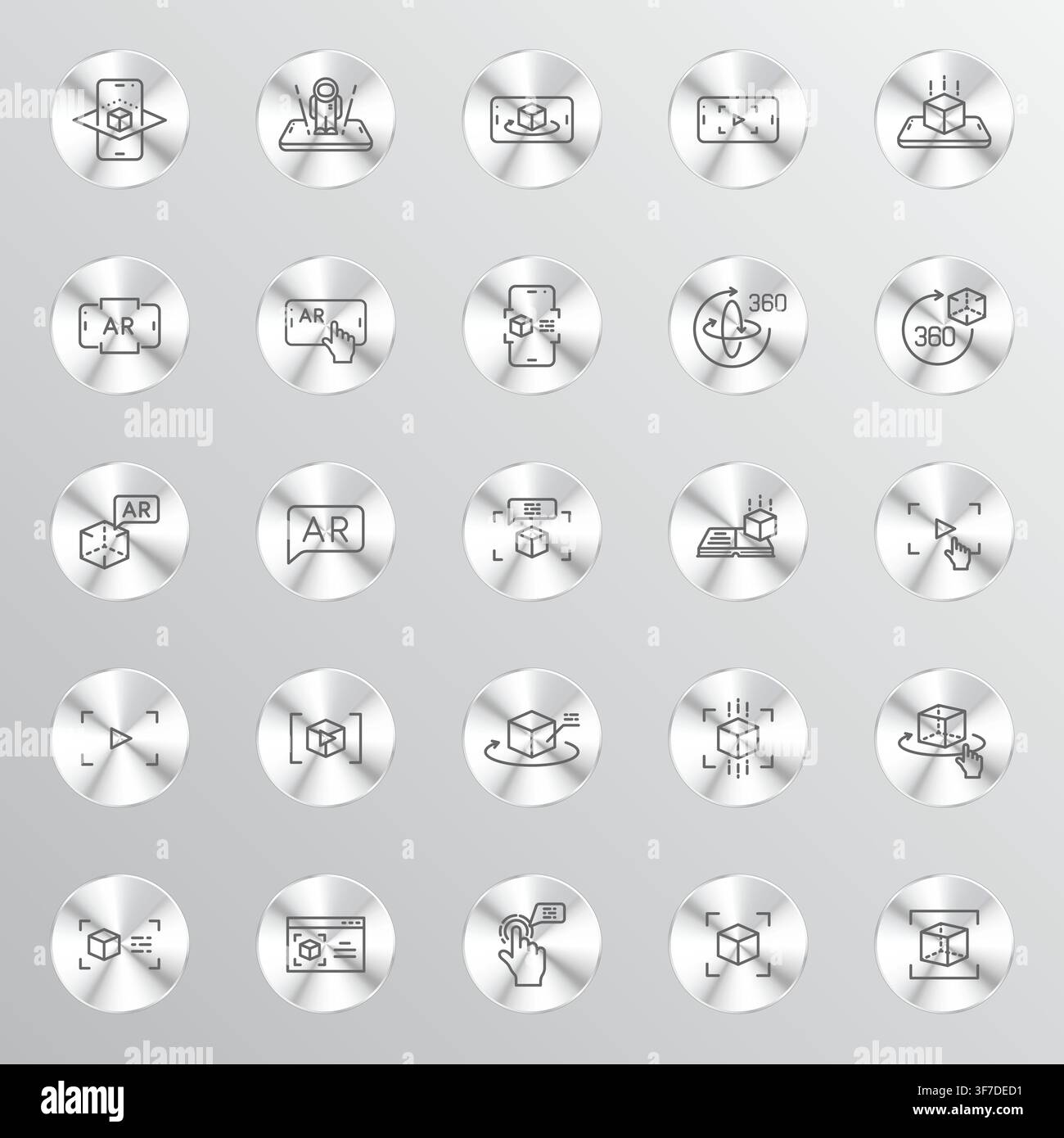 Una collezione di venticinque pulsanti metallici circolari che mostrano varie icone minimaliste in arte lineare rappresentanti la tecnologia virtuale di realtà aumentata 3 Illustrazione Vettoriale