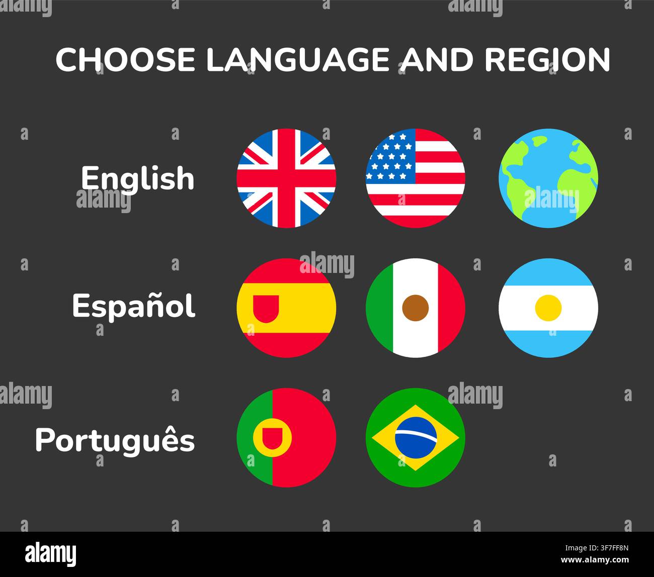 Set di icone per la selezione della lingua e della regione. Inglese, spagnolo e portoghese; bandiere dei paesi europei e americani. Stile vettoriale piatto semplice. Illustrazione Vettoriale