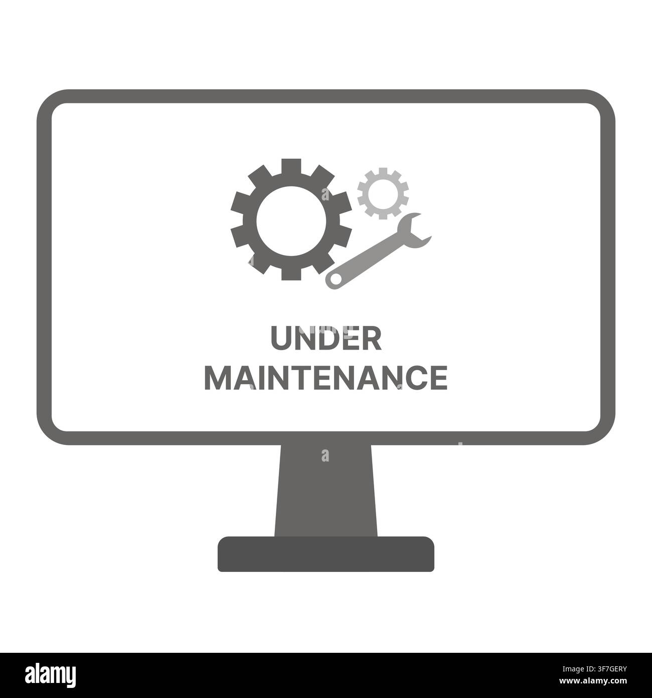 Notifica di manutenzione del sito web con ingranaggio e chiave inglese sul monitor del computer Illustrazione Vettoriale